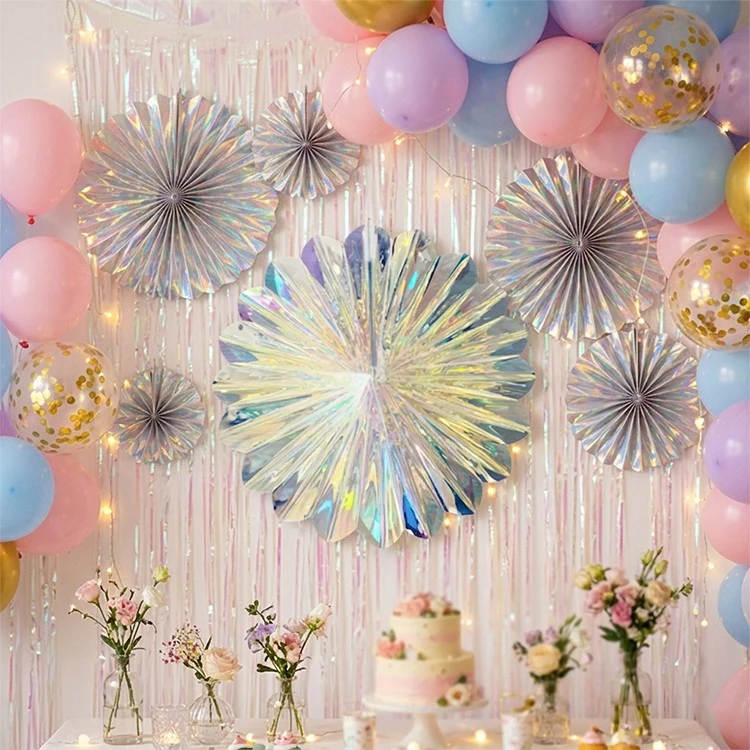 12.2in 31cm Iridescent Holographic Plastic Fan Hanging Party Decoration factory